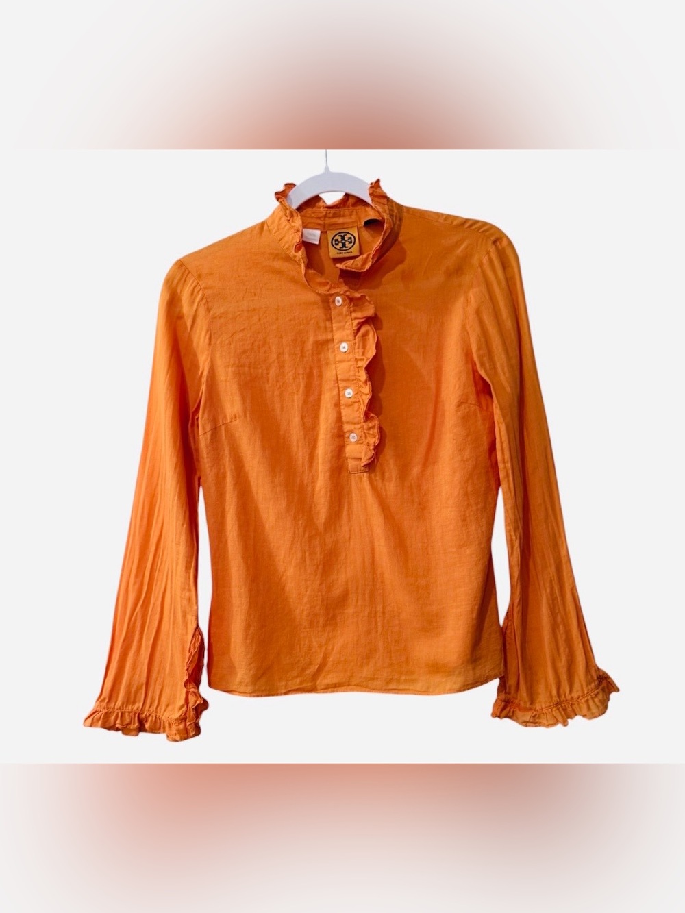 Tory Burch women’s 2 long sleeve orange blouse with aruffled collar & cuffs